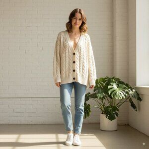 Moon River V Neck Long Sleeve Cable Knit Oversize Cardigan in Cream One Size